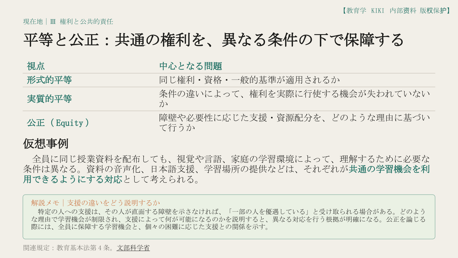 平等と公正：共通の権利を、異なる条件の下で保障する