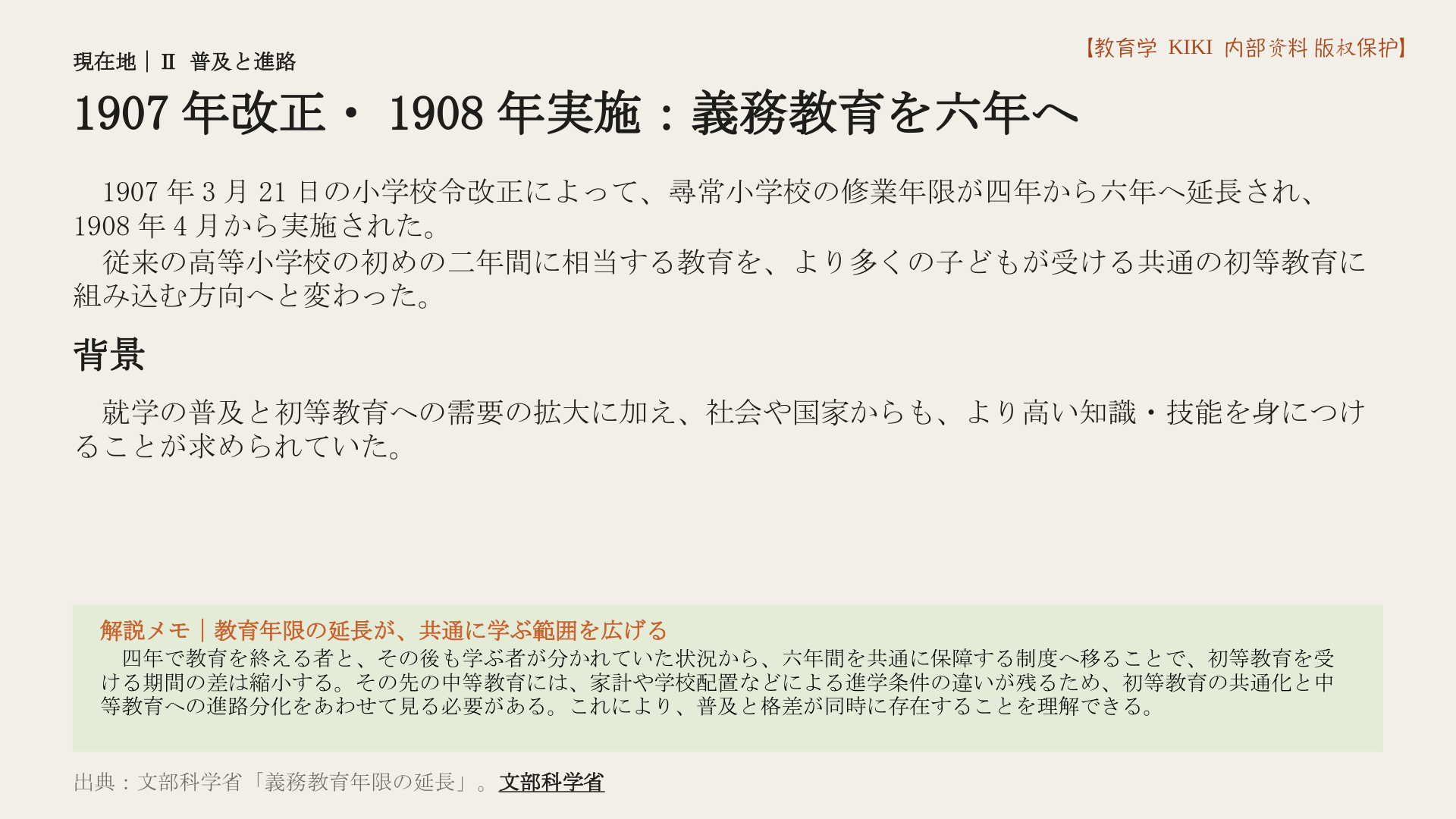 1907年改正・1908年実施:義務教育を六年へ