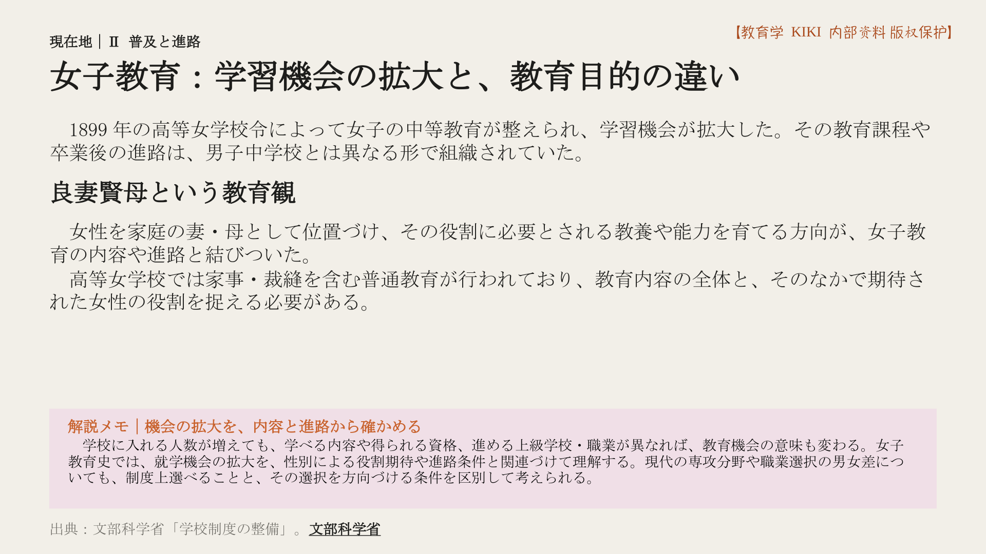 女子教育:学習機会の拡大と、教育目的の違い