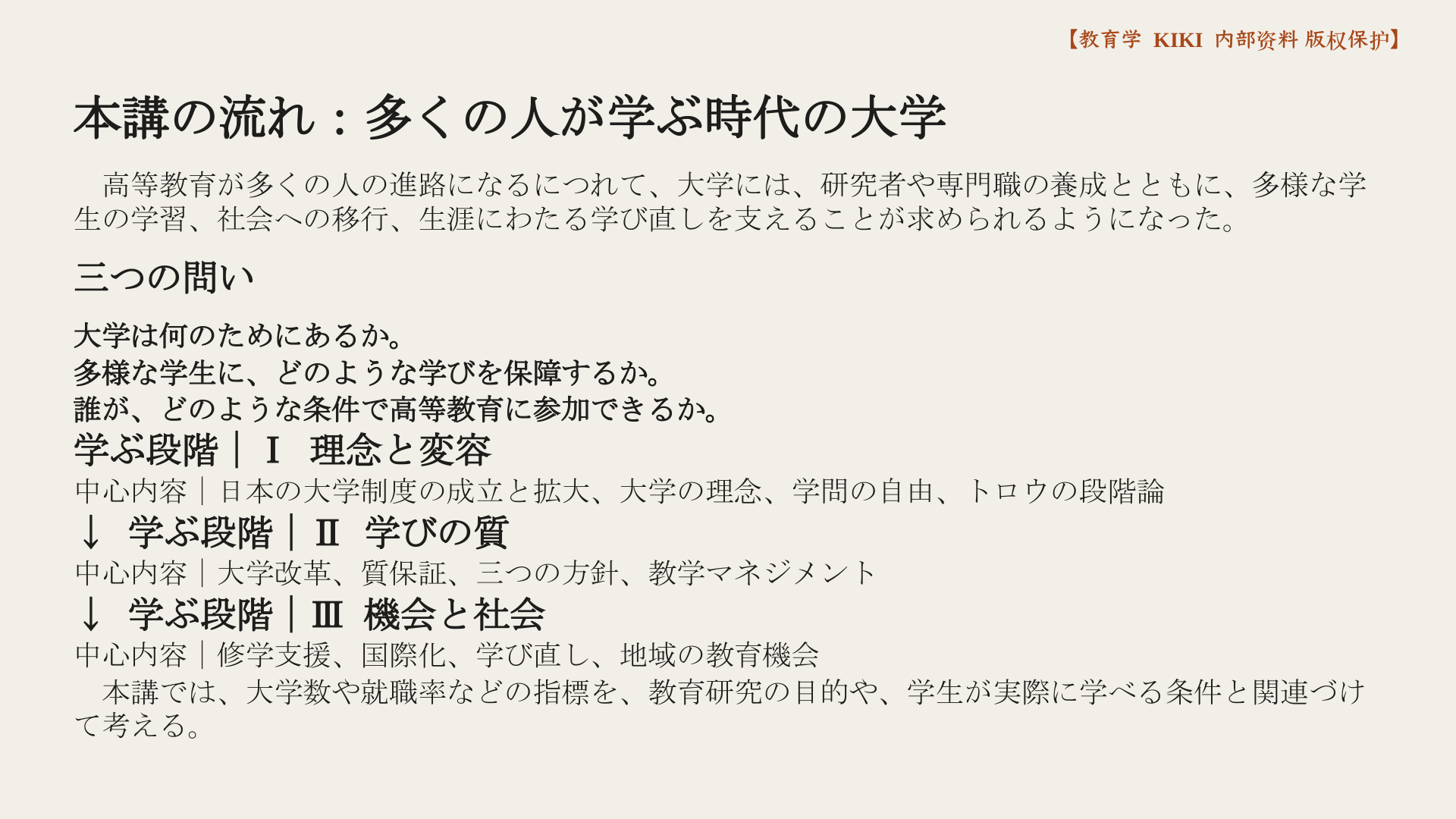 本講の流れ：多くの人が学ぶ時代の大学