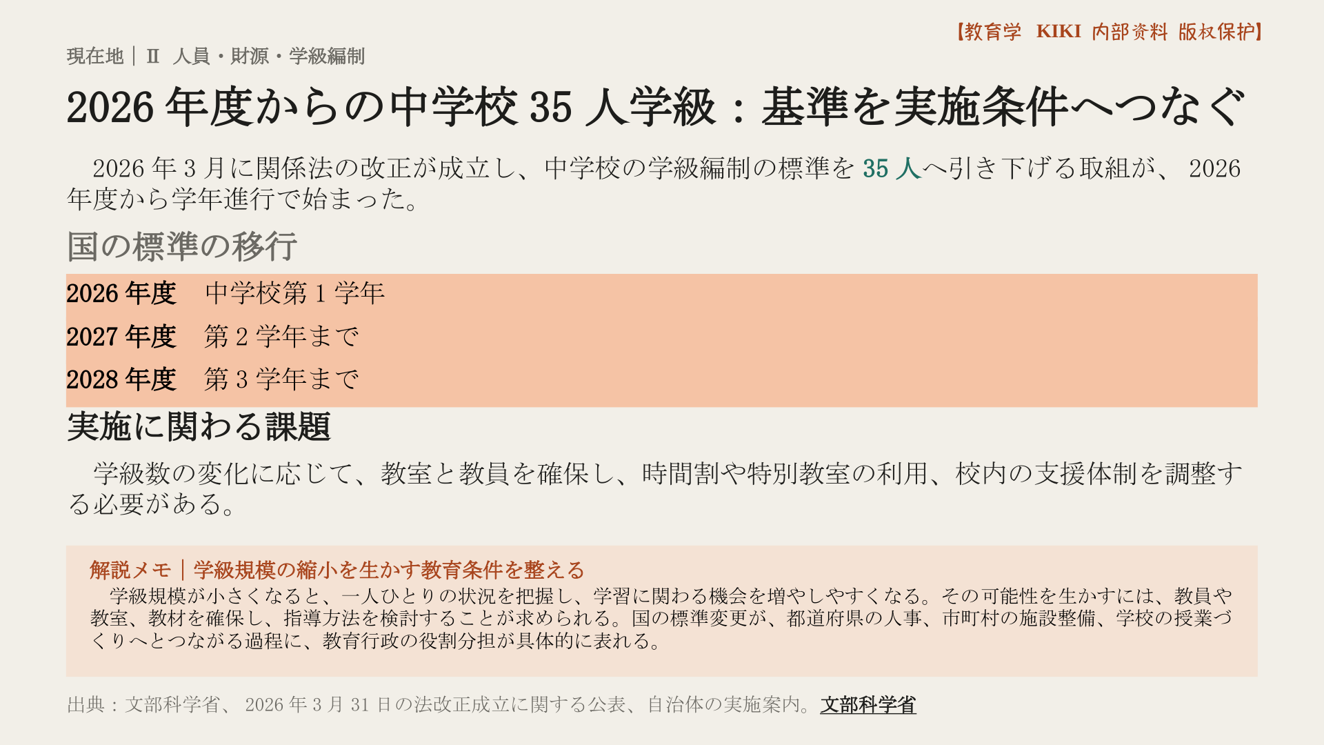 2026年度からの中学校35人学級：基準を実施条件へつなぐ