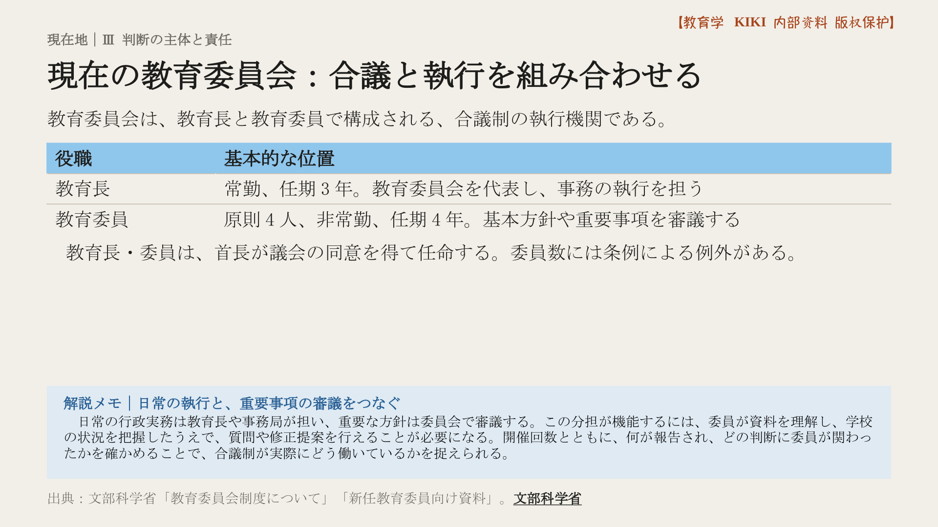 現在の教育委員会：合議と執行を組み合わせる