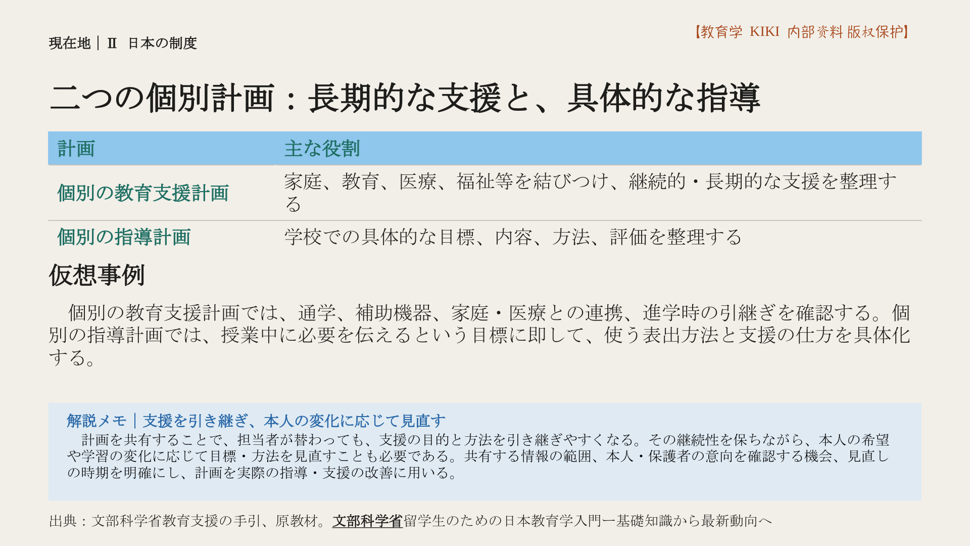 二つの個別計画：長期的な支援と、具体的な指導