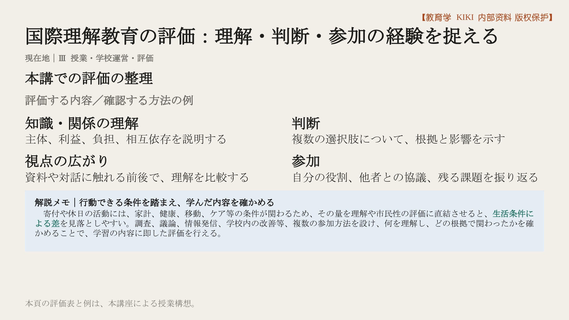 国際理解教育の評価：理解・判断・参加の経験を捉える