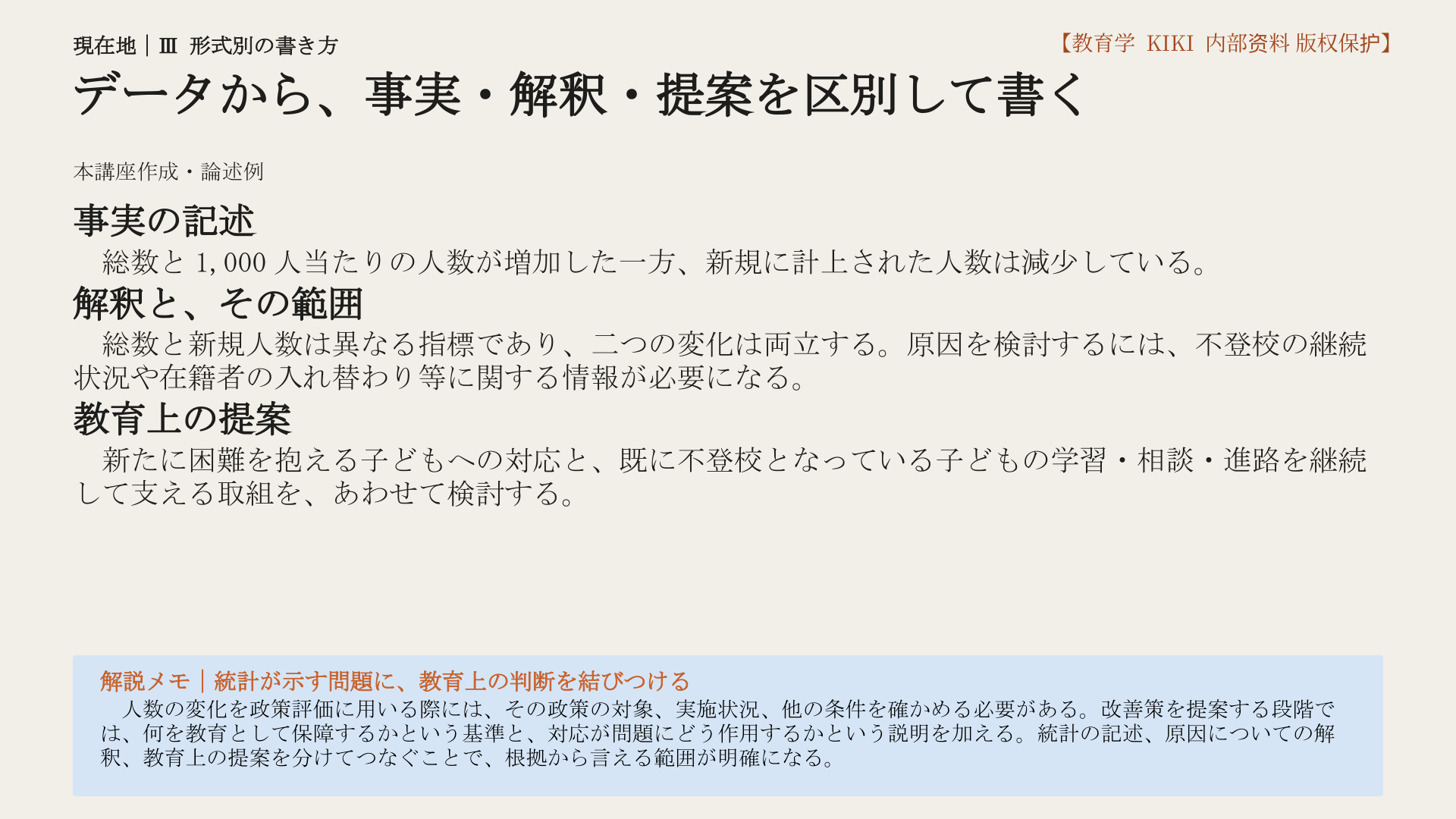 データから、事実・解釈・提案を区別して書く
